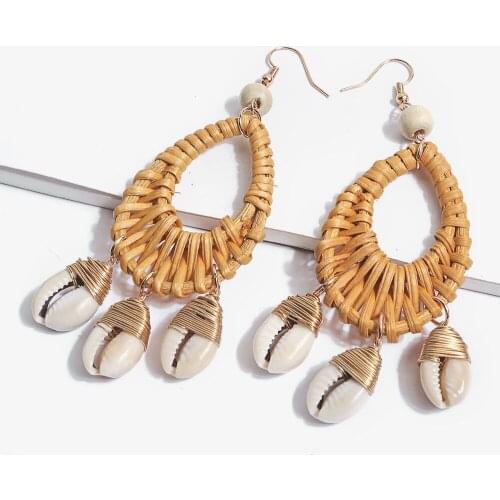 New Summer Bohemia Earrings for Women Handmade Straw Weave Rattan Shell Drop Earrings Oval Ocean Wind Bamboo Earrings Jewelry