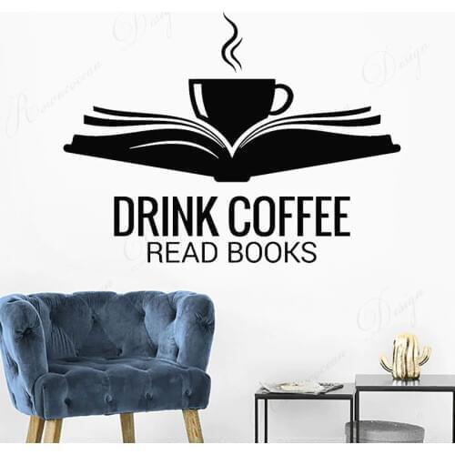 Open Book Cup Drink Coffee Read Reading Corner Wall Sticker Vinyl Home Decoration Decals Childrens Room Decor Wallpaper 4343