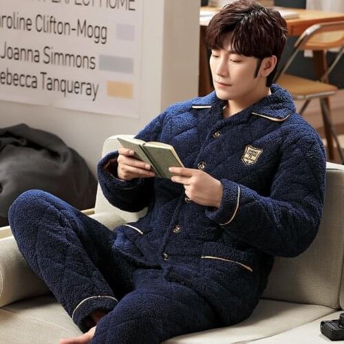 Men Autumn Winter New Three Layers Cotton Flannel Pajamas Set Thick Warm Home Leisure Suit Long Sleeve Daily Pocket Sleepwear