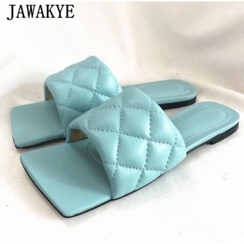 Square Toe Leather Flat Slippers Diamond Shaped Quilted Summer Sandals 2020 Multicolor Runway Mules Shoes Beach Slides Woman