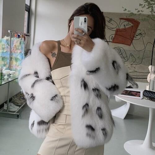 Womens fox fur coat short autumn winter warm whole fur coat loose snow leopard print large size