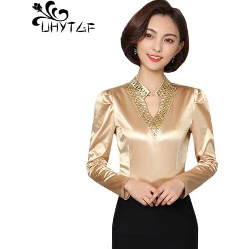 UHYTGF Spring t-shirt womens fashion diamond V-neck elegant tops female long-sleeved solid color wild slim plus size shirt 1010