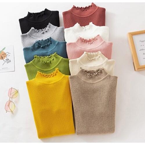 Turtleneck Ruched Women Sweater High Elastic Solid 2021 Fall Winter Fashion Sweater Women Slim Sexy Knitted Pullovers Pink White