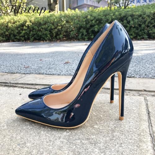 Tikicup Women Navy Blue Patent Pumps Low Cut Pointy Toe Stilettos Elegant Ladies Formal Slip On High Heels Fashion Dress Shoes