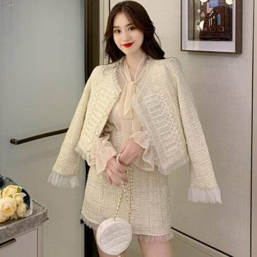 Women Fashion Two Pieces Sets Outfits 2021 Apricot Mesh Stitching Hem Short Tweed Jackets&Mini Skirt Suits Chic 2pc Dress Sets