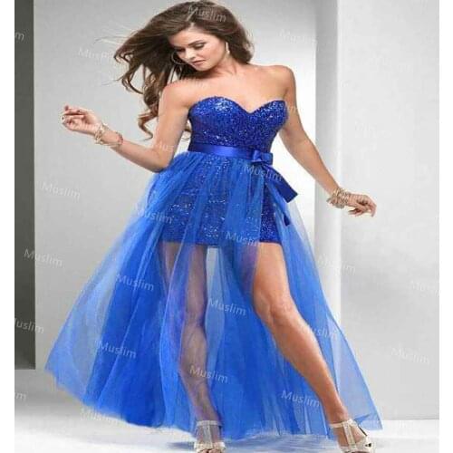 Sexy High Low Blue Prom Dress Sweetheart Sequin Short Formal Party Dress With Overskirt Train Elegant Sexy Evening Dress Women