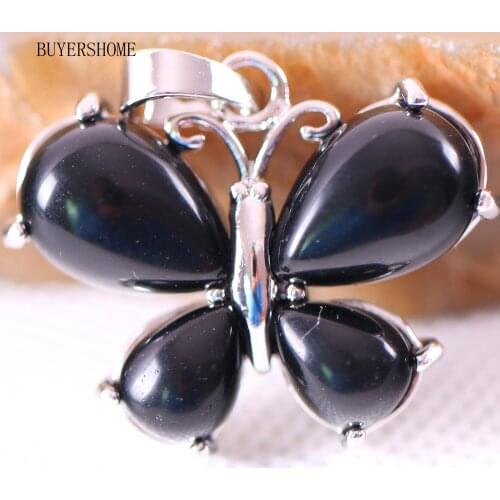 Men Women Jewelry Gift Natural Black Onyx Stone Bead Animal Butterfly Pendant For Necklace 1Pcs K465