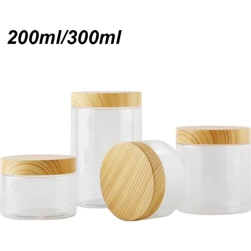 200/300ML 12Pcs Empty Clear PET Jars Containers with Plastic Imitation Wood Lids Wide Mouth Lid Container Food Storage