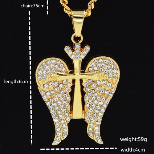 2021 Cross Border Popular Gold Long Jesus Cross Angel Wings Hip Hop Hip Hop Singer Rap Necklace Jewelry Crystal Pendant Pendants