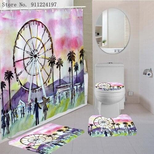 3D Ferris Wheel Printing 4 Pieces Waterproof Shower Curtain Bathroom Non-slip Rug Set Bath Carpets Toilet Seat Cover Floor Mat