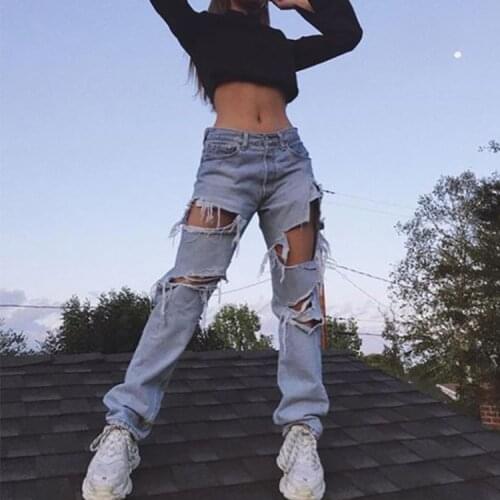 Irregular Ripped Jeans Ladies Daily Stylish Solid Color Straight Pants High Waist Wild Fitting Chic Sexy Hole Trousers for Girls