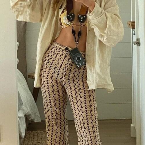 Women Casual Boot-Cut Pants, Adults Summer Color Block Wave Print High Waisted Trousers