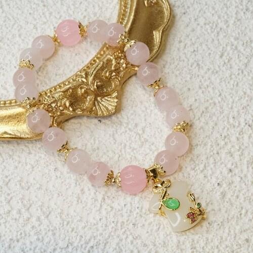 Ethnic Clothes Pendant Natural Rose Quartz/Chalcedony Beads Beaded Bracelets Bangles for Women Girls Trendy Fine Jewelry YBR388