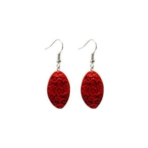 Perfect Luck Oval Flower Red Carved Cinnabar Earrings, Fashion Womens Carved Lacquerware Jewelry, S925 Silvers Dangle Earring