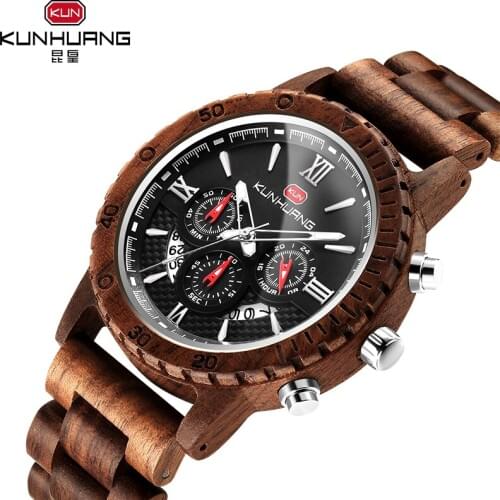 KUN HUANG KH1014 Colorful Wooden relogio masculino Wood Men Watch Calendar Date Luminous Hands Luxury Wood Timepieces Gift Box