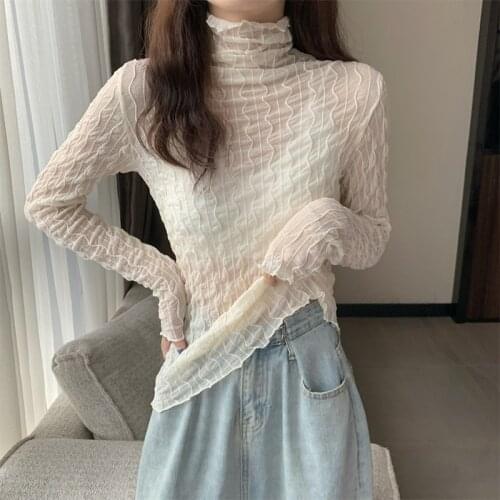 2021 New Girls Mesh T Shirts Tees Female Autumn Transparent Full Sleeve Turtleneck Thin Tops Women