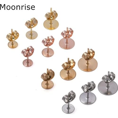 30-100pcs/lot Gold Stainless Steel Blank Post Earring Studs Base Pins With Ear Back Earring Plug Findings For DIY Jewelry Making