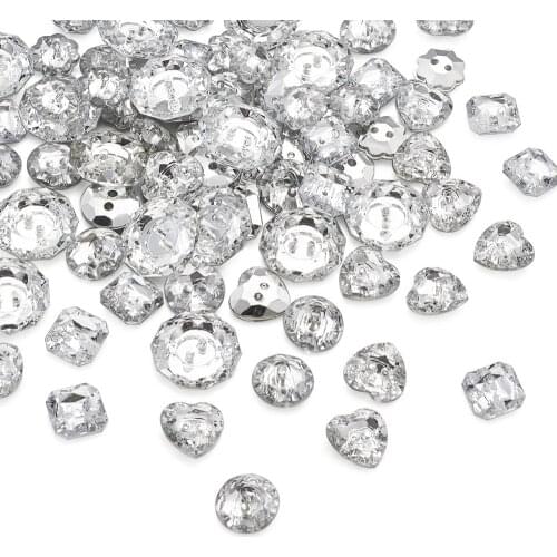 150pcs Mixed Shapes Acrylic Rhinestone Buttons Clear Faceted Crystal 2-Hole Sewing Buttons for DIY Handwork Clothing Decoration