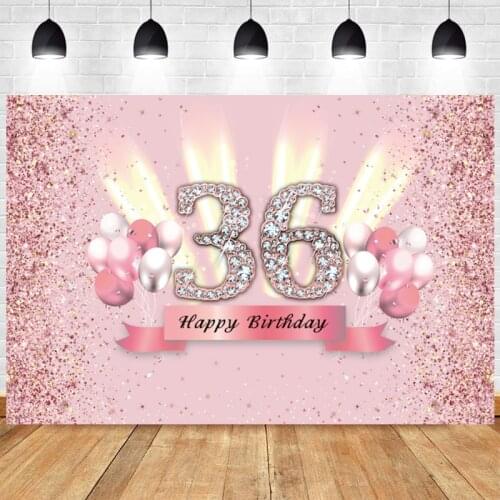Pink 36th Photo Backdrop Lady Happy Birthday Party Balloon Gold Diamond Customized Photography Background Decoration Banner