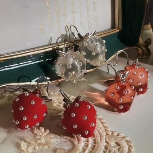 Summer Fruit Lovely Girl Transparent Red Crystal Pearl Cream Strawberry Dangle Earring Stud For Women Fine Jewelry Accessories