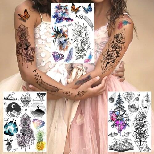 Beautiful Rose Peony Planets Temporary Tattoos For Women Girls Body Art Tatoos Realistic Fake Geometric Fox Elk Tattoos Painting