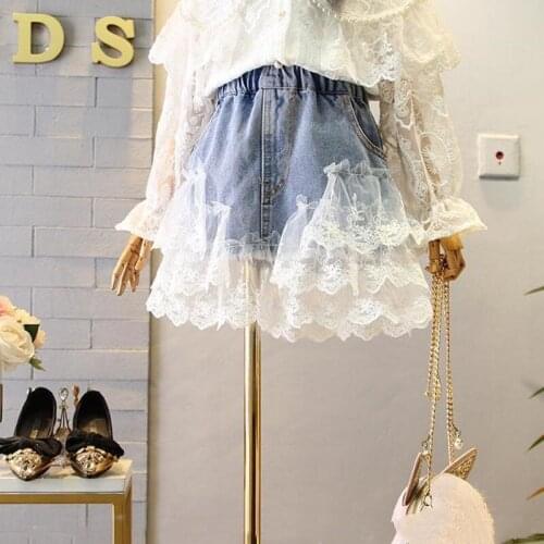 2021 New Big Girl kids fashion Lace Denim Skirts Girl Kids Fashion Casual Pleated Jeans Skirt Children Summer Clothes 2 To 13 Yr