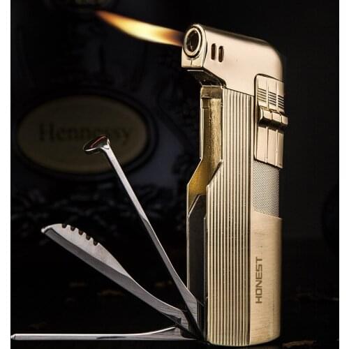Honest Creative Tobacco Pipe Lighter Retro Oblique Fire Open Flame Torch Gas Lighter Men Smoking Pipe Cigar Lighter Gift for Men