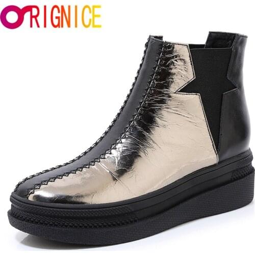 Orignice Autumn Brand Genuine Leather Fretwork Women Chelsea Ankle Short Boots Warm Platform Round Toe Mixed Colors Casual Shoes