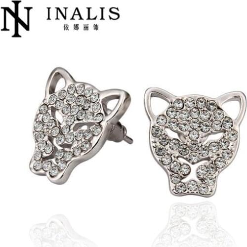 Inalis Brand Lion Face White GoldPlated Stud Earrings For Women Branded Earrings Piercing Women Big Earings E876