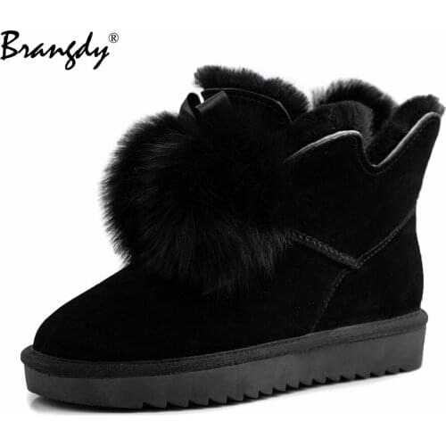 Brangdy Fashion Women Ankle Snow Boots Genuine Leather Wool Women Shoes Chunky Round Toe Women Winter Snow Boots With Warm Fur