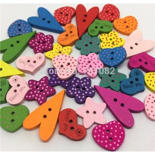 100pcs 15mm Heart Flower Star Mixed Wood Buttons 2 Holes Dots Wooden Sewing Button For Scrapbooking