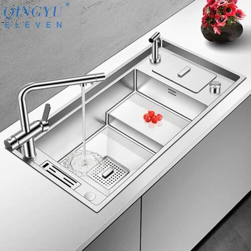 2021 Luxury 304 Stainless Steel Kitchen Stepped Sink 4mm Thickness 220mm Depth Large Size Handmade Brushed With Trash Can Sink