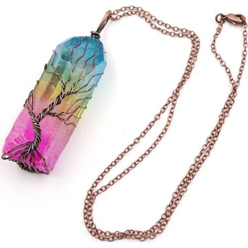 7Chakra Ainbow Natural Stone Copper Wire Pendant Necklace for Women Men Long Chain Tree of Life Statement Jewelry Dropshipping