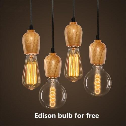 American Rural Pendant Lights Vintage Black Cord Hanging Lamp Edison Bulb Luminaire Suspendu Wood LED Lamparas de Techo Colgante