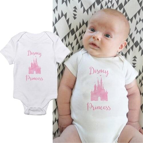 Disney Princess Letter Baby Rompers Newborn Summer White Clothes Baby GIrl Bodysuits Cute Pink Castle Toddler Playsuits 0-24M