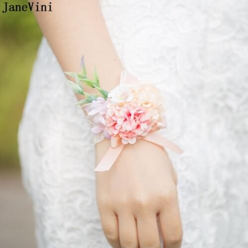 JaneVini Elegant Artificial Silk Pink Rose Flower Groom Boutonniere Bridal Wrist Corsage Hand Wedding Flowers Party Accessories