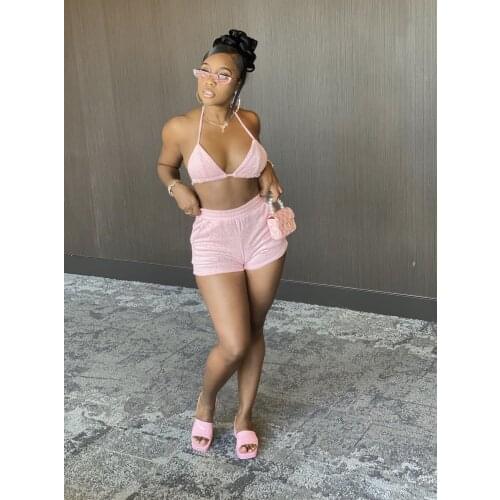 Echoine Pink Sexy Bra Bikini Set Lace Up Crop Top Shorts Two Piece Set Beach Swimwear Summer Fitness Halter Matching Set 2021