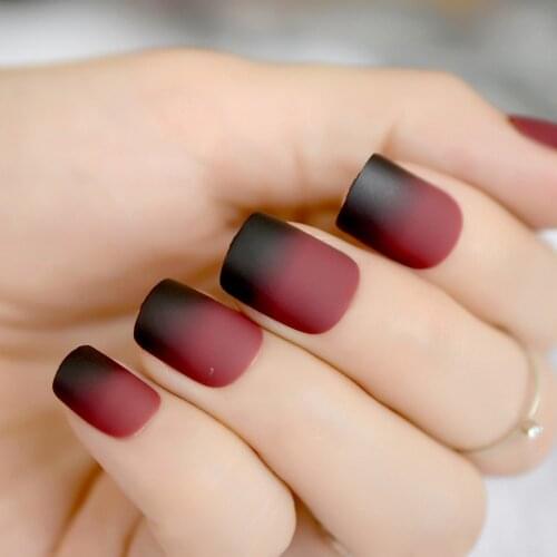 Gradient French Matte Fake Nails Claret-red Wine Black Frosted False Nail Tips Square Top Nails Art For Bride Party Wear