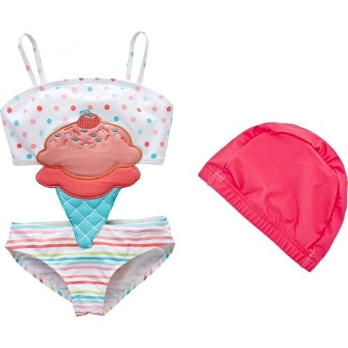 Kavkas Swimsuit For Baby Girls Summer Cartoon Ice Cream Embroidery Children One-Piece Swimming Costume בגד ים לתינוקות בנות