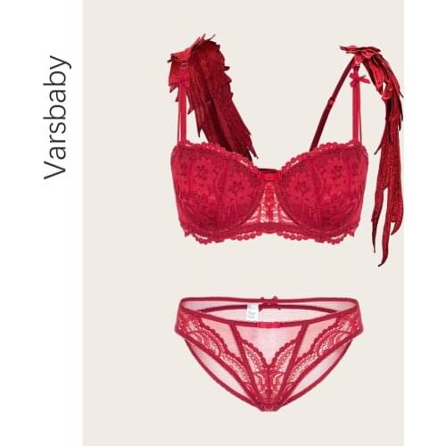 Varsbaby Sexy Lace Bra Set Half Cup Push Up Underwire Bra Embroidery Wings Shoulder Strap Breathable Middle Waist Panties
