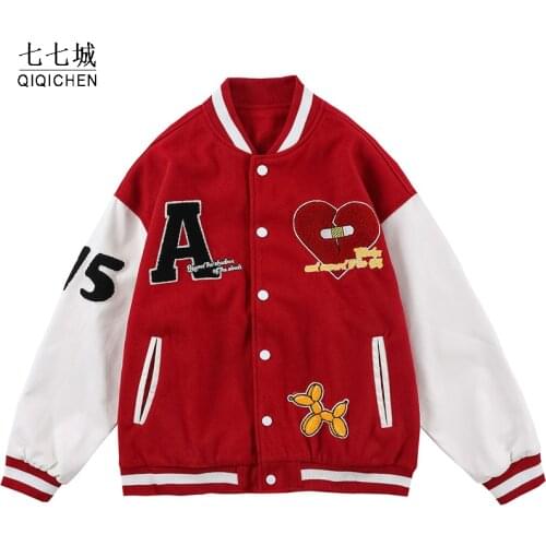 Varsity Baseball Jacket Men Furry Letter Band Aid Patchwork Jacket Autumn Vintage High Street Heart-shaped Bomber Coats Couple