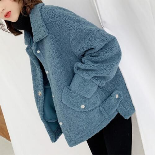Lambskin with Faux Fur Coat Women Warm Outwear Plush Notch Collar Loose fur jacket Winter Coat Loose Solid female jacket Lambski