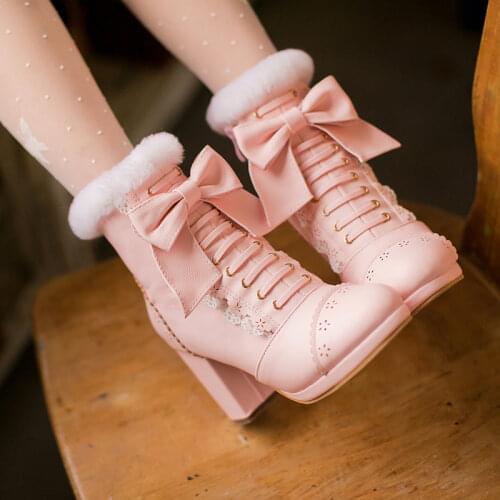 Sweet Womens Lolita Bowtie Lace Up Ankle Boots Block Heel Shoes Platform Warm Winter Thick Mary Jane