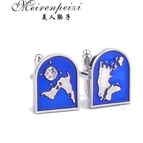 World Map Men Cufflinks Vintage Blue Globe Blueprint Design Men Business Wedding Cuff Links Direction Pointer Button Wholesale