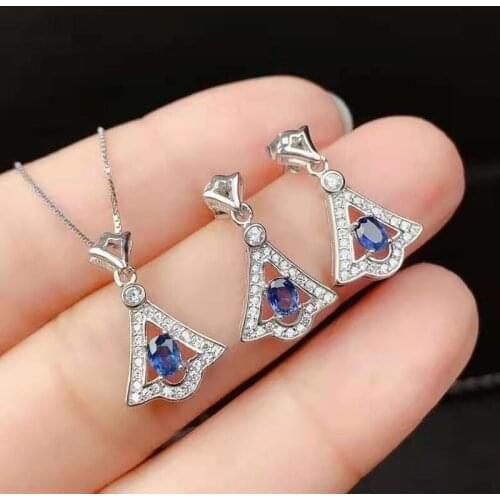 Natural Sapphire S925 Sterling Silver Earrings Pendant Necklace Set Charming Fine Fashion Jewelry for Women MeibaPJFS