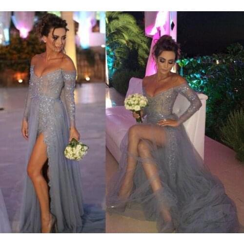Charming Grey Evening Dresses Sexy Lace Applique Beading Formal Prom Gowns Split Bateau Neck Long Sleeves Lace Reception Dress
