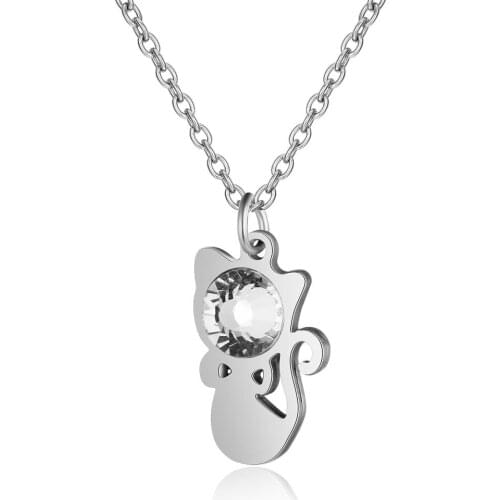 Fnixtar High Quality Stainless Steel Cat Charm Necklace for Women 7mm Crystal Stone Never Tarnish Real 316 Steel Jewelry