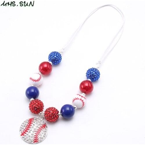 MHS.SUN American Flag Color Chunky Beads Necklace Baseball Pendant Kids Child Girls Bubblegum Jewelry Adjustable Rope Necklace