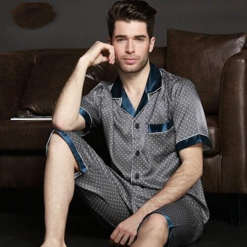 Summer Thin Men Short Sleeves Pajamas Imitation Silk Clothes and trousers Indoor mens pajamas suit