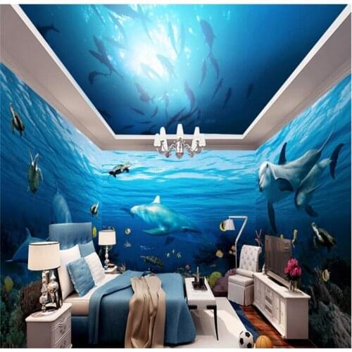Beibehang Customized Room Wallpaper Dark Blue Sea Dolphin Background Modern Europe Art Mural for Living Room Large Painting Home